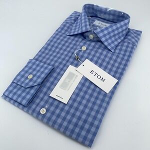 Eton Dress Shirt Men 15 1/2-39 Blue Check Formal Contemporary Collared Button Up